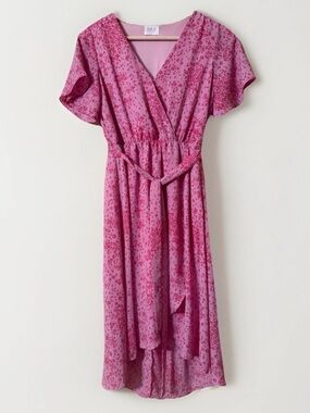 Sienna Sky pink floral faux wrap dress with flutter sleeves